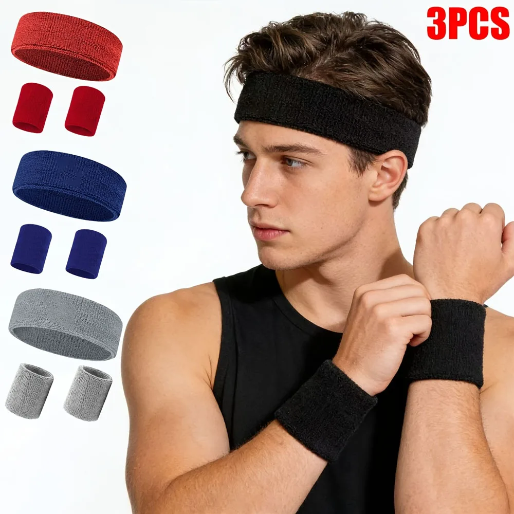 New Hot Athletic Sweatband Hairband Headband Wristband Set in 3-Pack Cotton Head Sweat Bands for Running, Cycling, Yoga