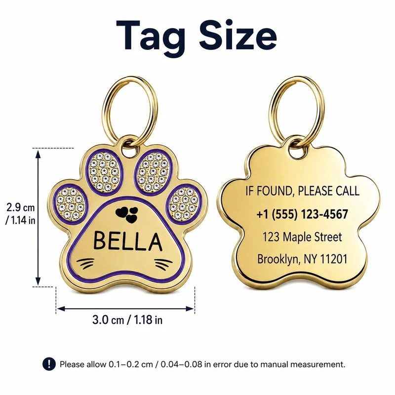 【Engraving】1pc Custom Paw‑Shaped Cat & Dog ID Tag, Custom Pet Information, Name and Phone Number on Both Sides