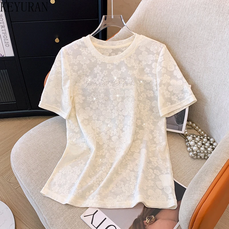 2024 Summer Lace Floral Jacquard Short Sleeve T-shirt Women Korean Fashion Vintage Clothes O-Neck Pullover Hot Drill Tees Tops