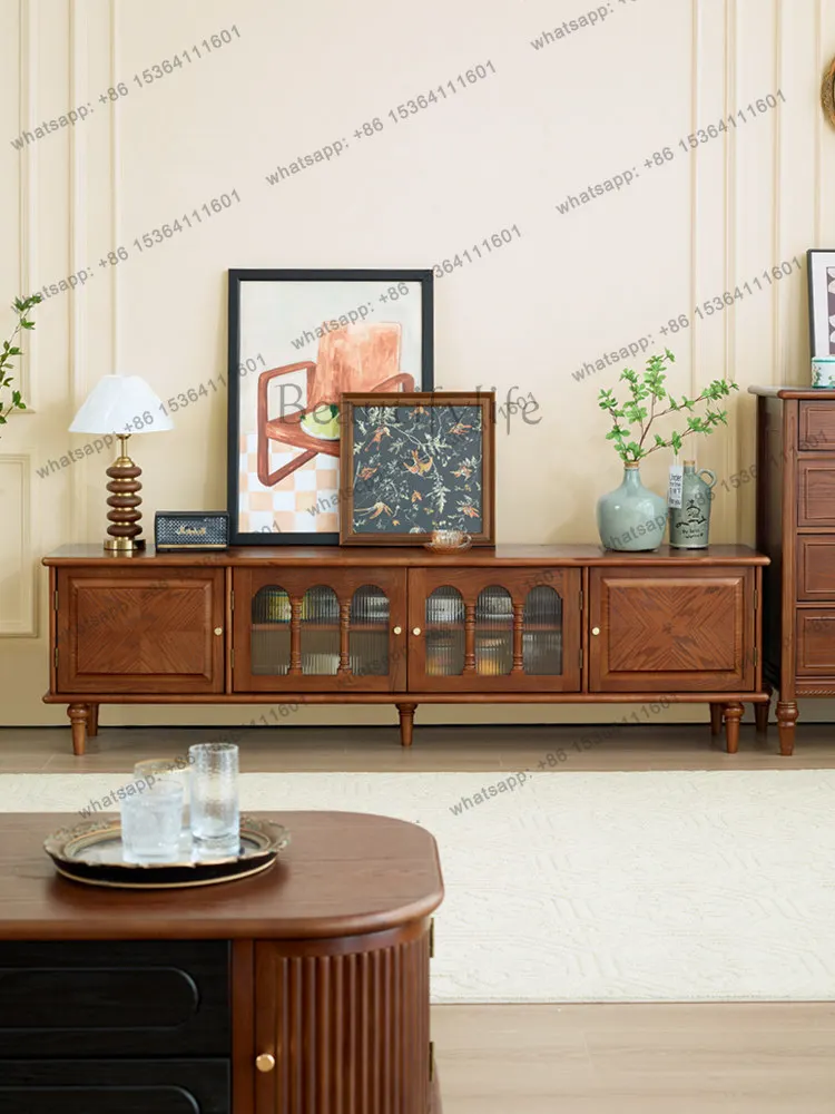 

French retro parquet solid wood TV cabinet storage medium antique American style