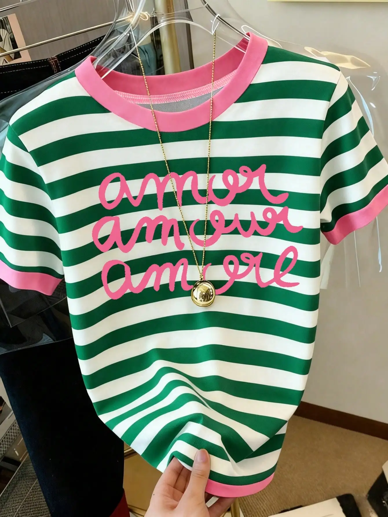 2026 Damen Ringer T-Shirt mit rosa Besatz, O-Ausschnitt, kurzen Ärmeln, grün-weiß gestreift, kursivem Schriftzug, schmaler Schnitt, lässiges Sommer-Top – Detail 5