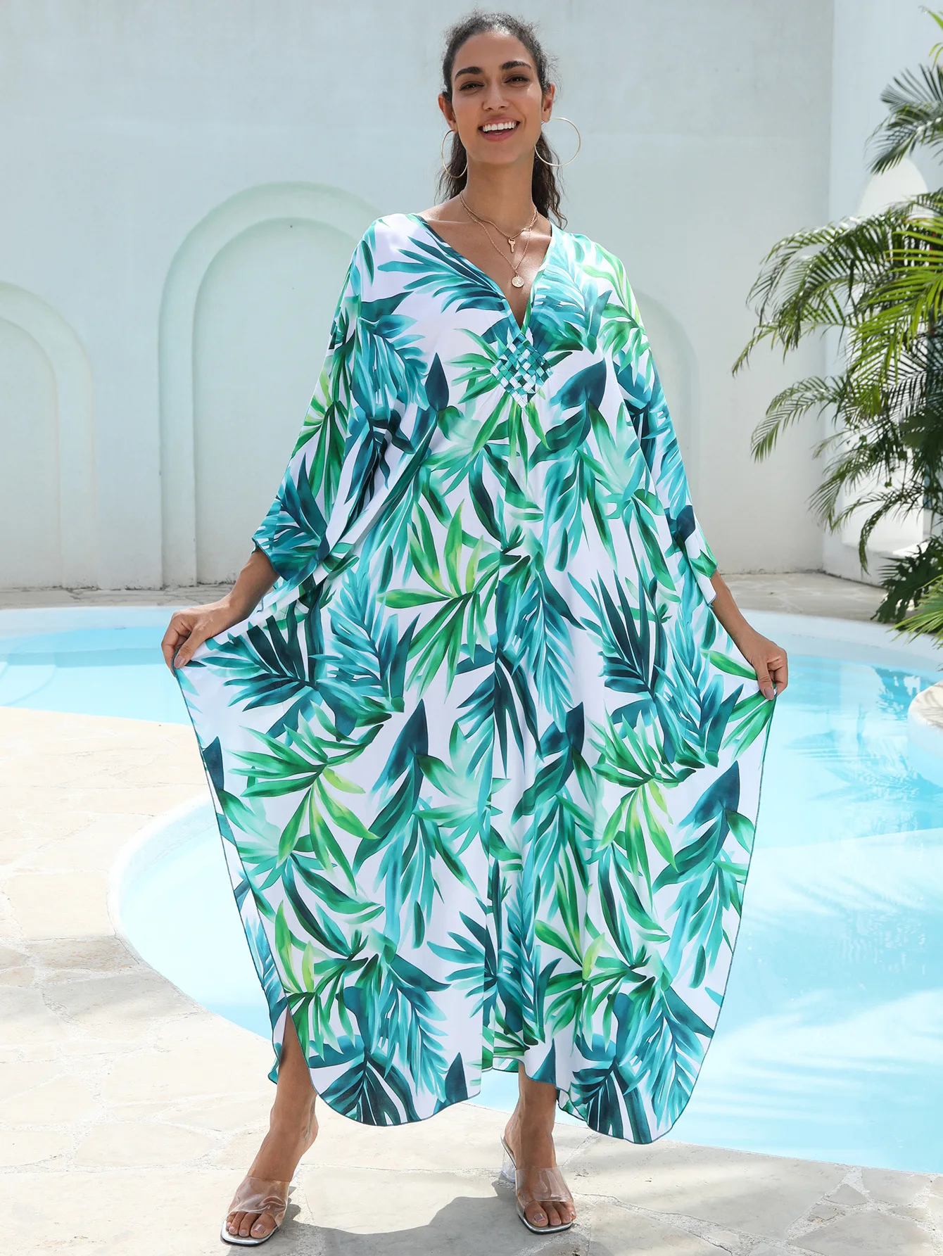 

Новинка 2026: Кафтаны больших размеров для женщин, пляжные платья макси с тропическим принтом, накидки для купальников, одежда для отпуска, дропшиппинг