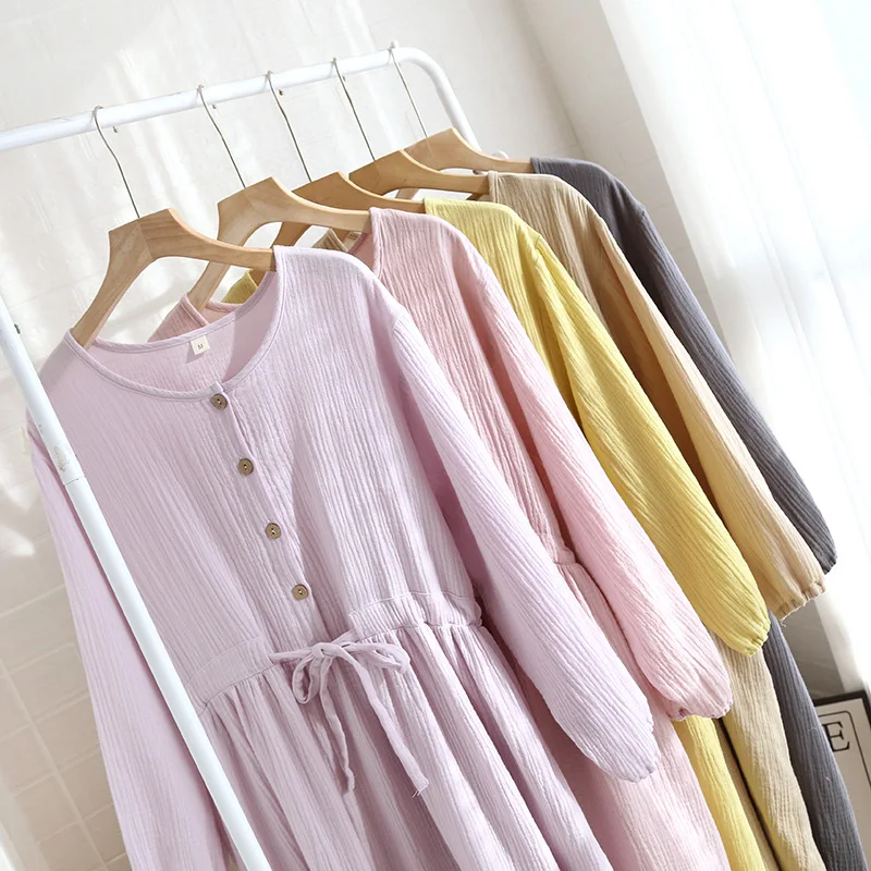 Candy Colored Minimalist Sleepdress Cotton Crepe Long Sleeved Skirt for Women\'s Home Wear Round Neck Buckle Drawstring Sleepwear