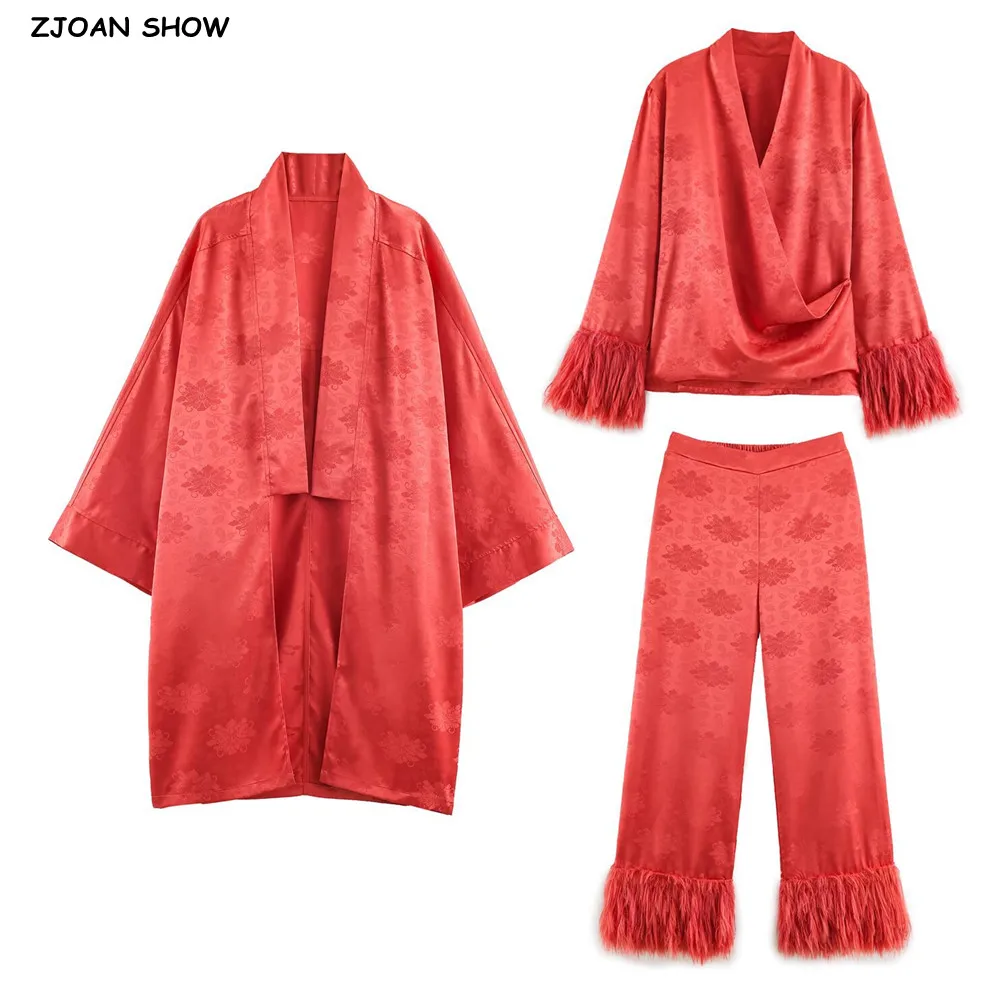BOHO Jacquard Flower Satin No Button Long Bat Sleeve Kimono Cardigan Feather Cuff Warp Shirt Elastic Waist Long Pants Suits Sets