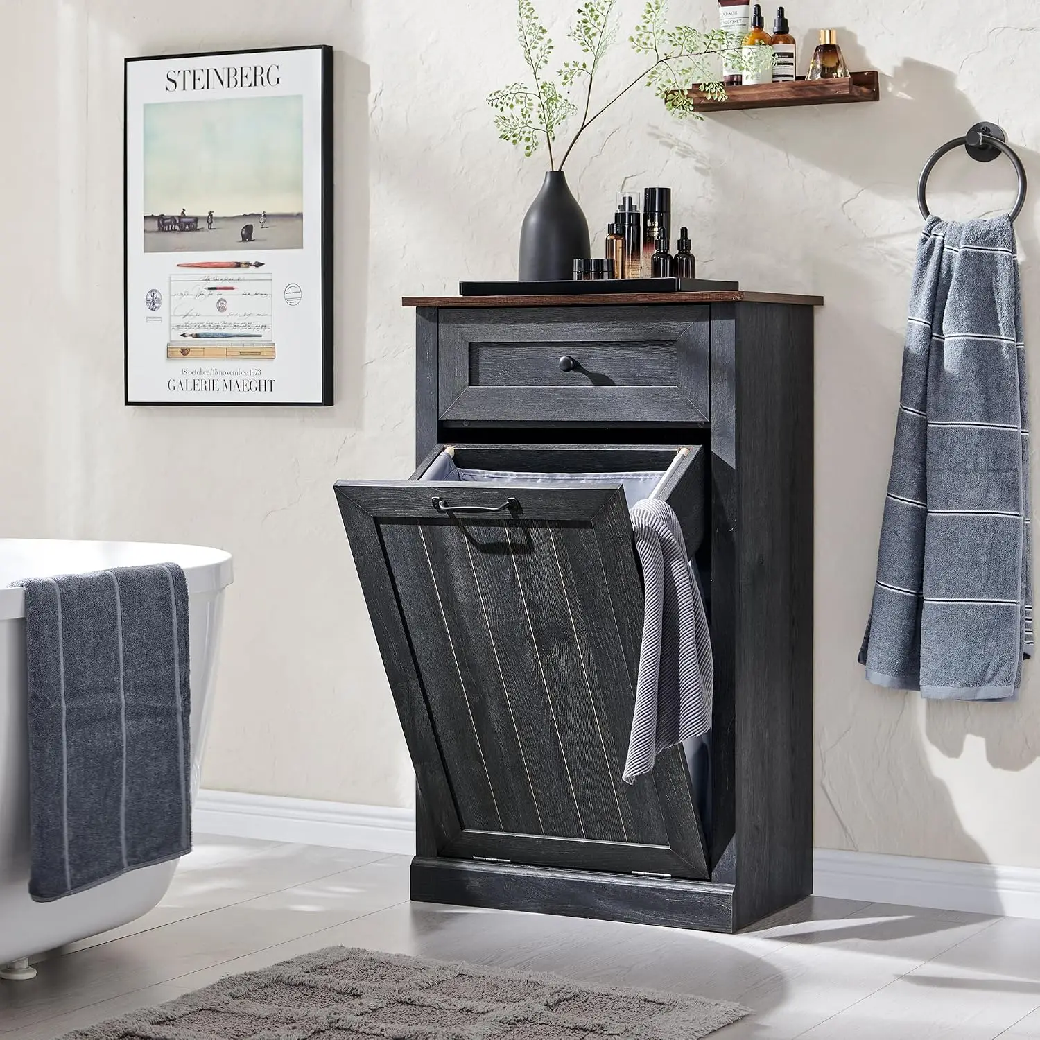 Tilt Out Laundry Hamper & Trash Cabinet Dark Grey, Customized