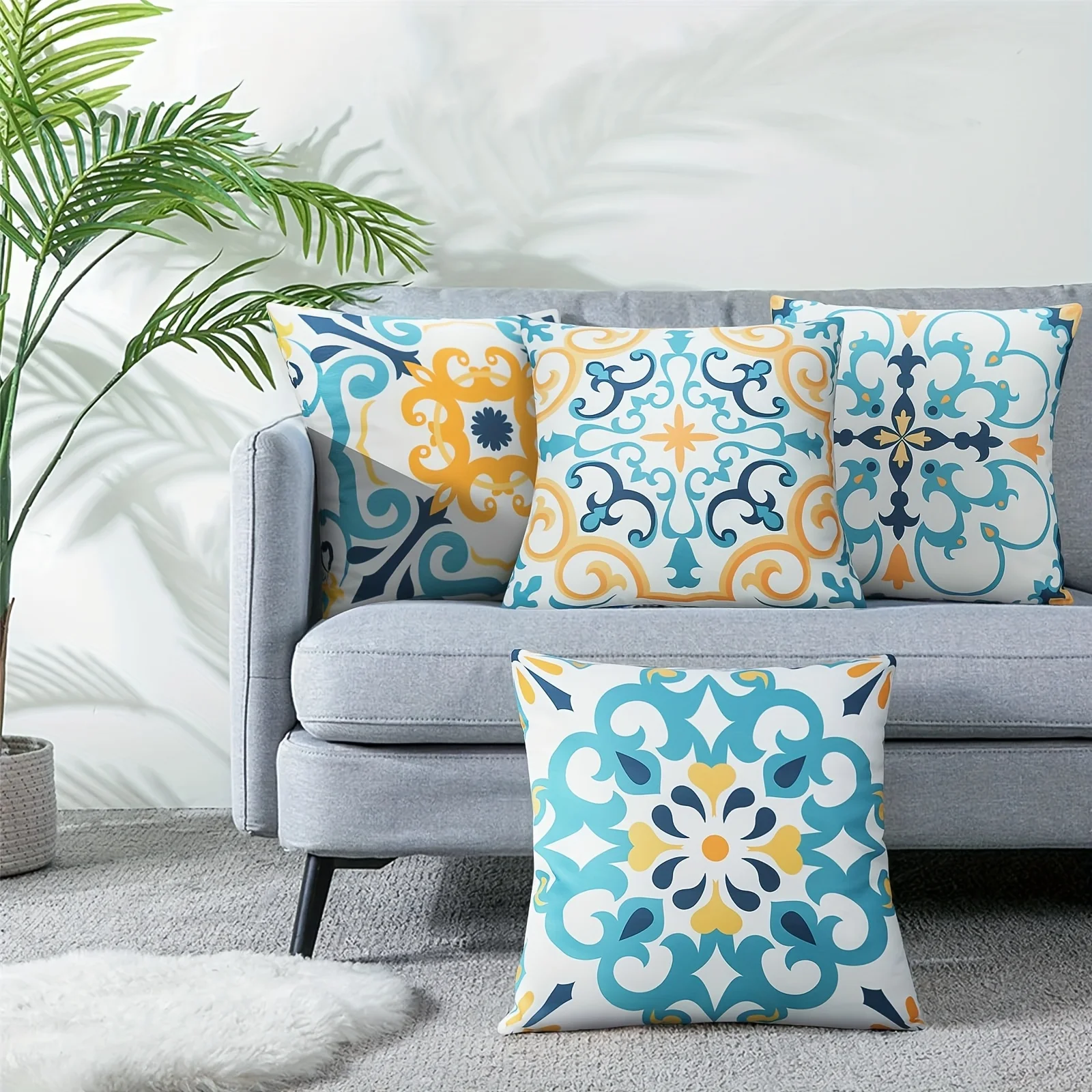 Juego  4 piezas  fundas  almohada corativas bohemias florales, acuadas para porche  jardín  patio, funda  cojín
