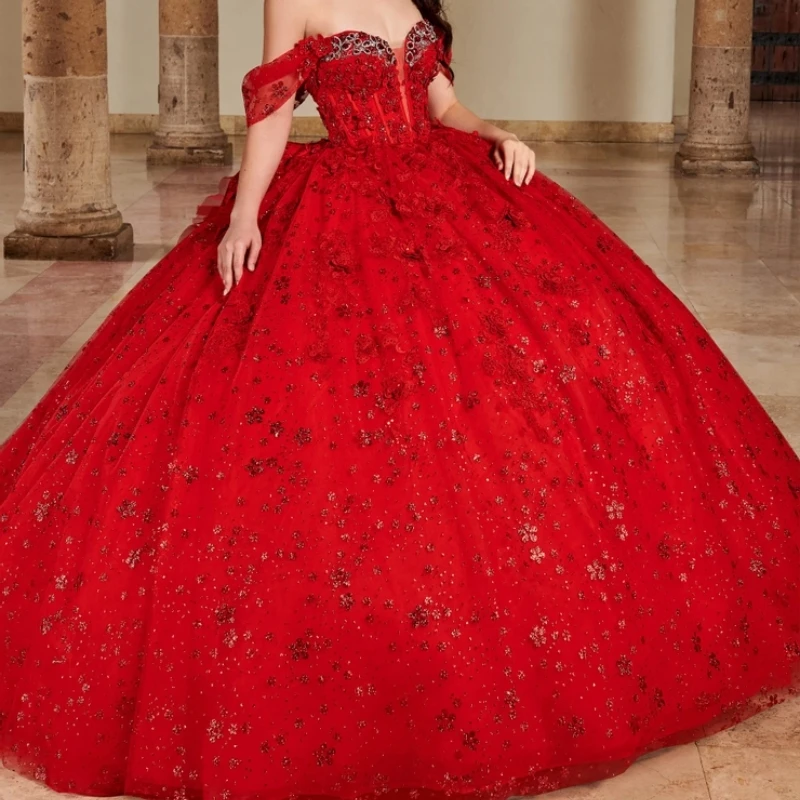 

Glitter Red Quinceanera Dress Ball Gown Off The Shoulder Applique Beaded Crystals Tull Tiered Mexico Sweet 16 Vestidos De 15