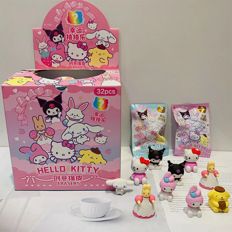 Caja ciega Sanrio de 32 piezas, borrador de muñeca de dibujos animados, Hello Kitty, My Melody, Kuromi, caja misteriosa, papelería para estudiantes, regalo de cumpleaños