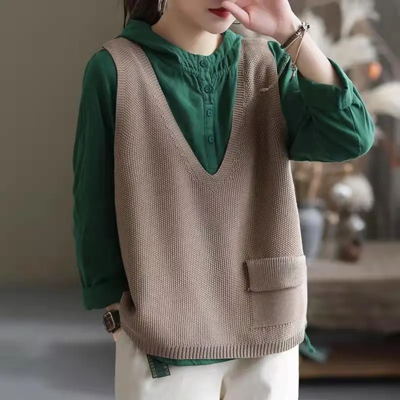 Spring Autumn New Fashion V-neck Solid Color Sweater Vest Women\'s Clothing Pockets Loose Casual All-match Korean Knitting Tops