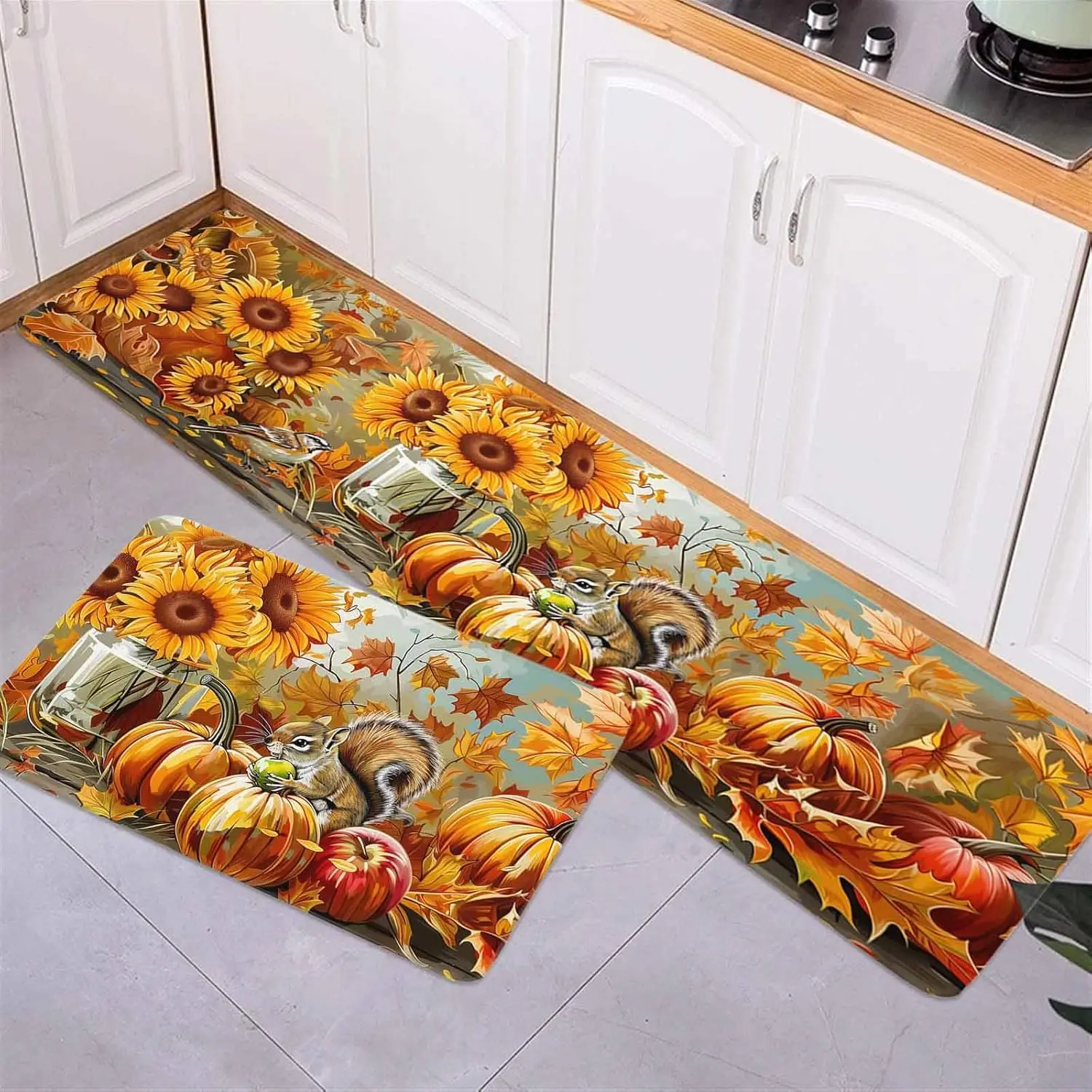 Fall Squirrel Sunflower Pumpkin Kitchen Floor Mat Home Decor Non-Slip Corridor Balcony Laundry Rug Bedroom Beside Foot Mat Decor