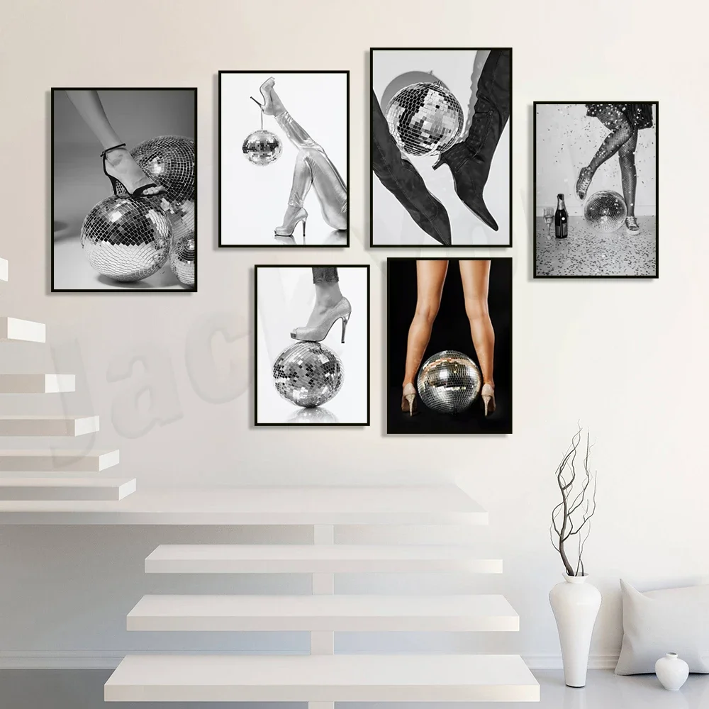 Disco Ball Print Decoration Girls High Heels, Girls Room Decoration Disco Retro Wall Art Mirror Ball Printable