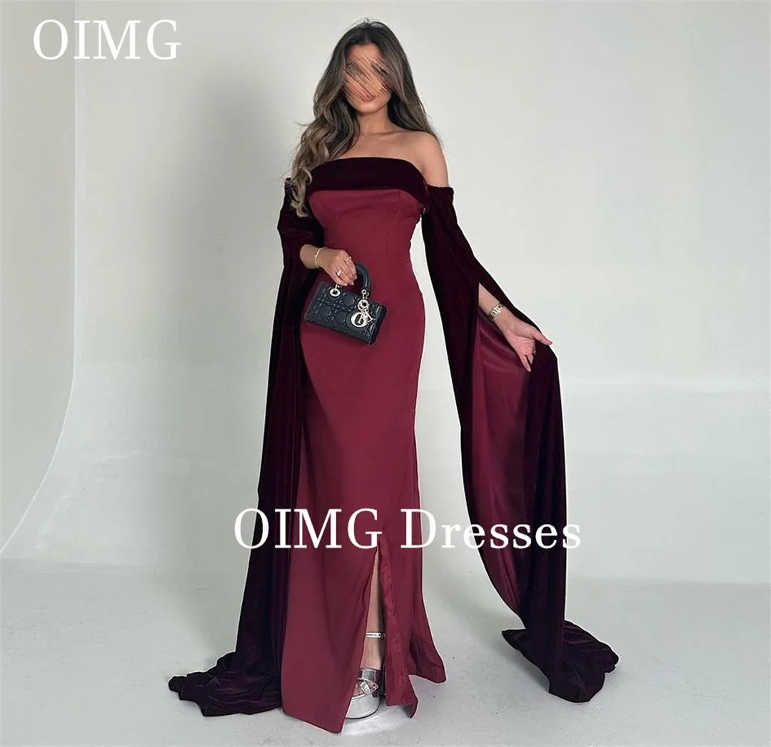 

OIMG Saudi Prom Dresses Strapless Floor Length Satin Burgundy Cape Sleeves Vintage Simple Evening Gowns Formal Party Dress