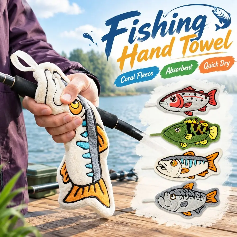 Absorbent Fishing Hand Towel Hanging Quick Dry Lure Fishing Wipe Cloth Thickened Coral Fleece Fish Shaped Towel