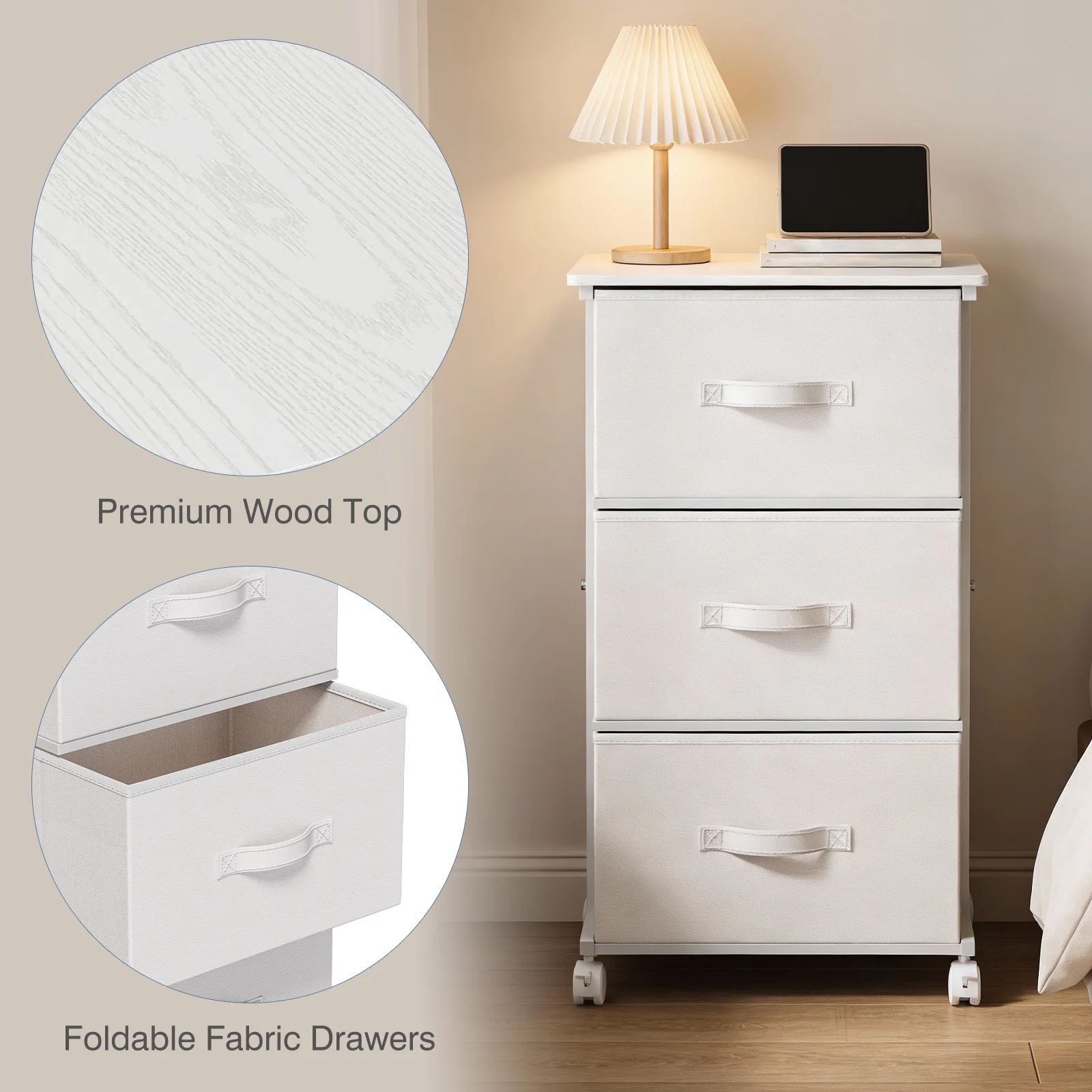 MCQ Movable Roller Cabinet With 3 Foldable Fabric Drawers Wooden Top Dresser Tables With Steel Structure Display Of Furniture image 2