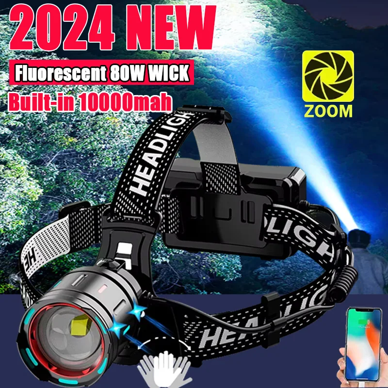 2024 Ultra Powerful LED Headlamp Super Bright Long Range Head Flashlight USB Rechargeable Head Torch Fishing Hunting Head Light