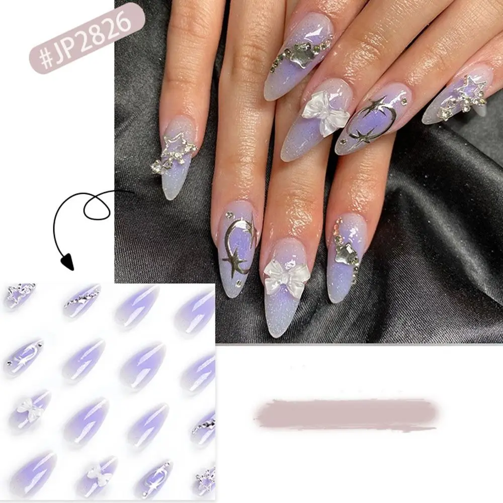 Manicure Long Almond False Nails French White Edge Fake Nials Bow Detachable Press on Nails DIY