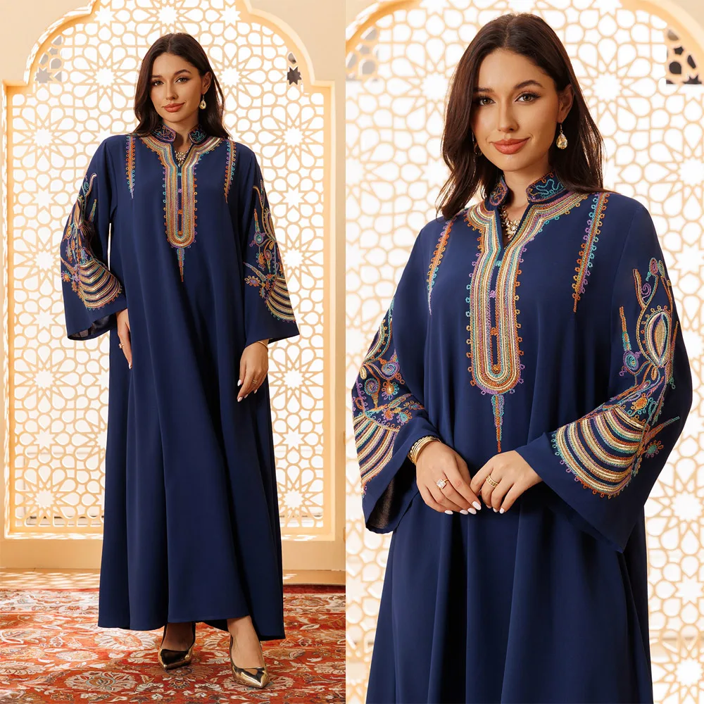 

Muslim Abayas Women Colorful Gradient Rope Embroidery Dress Casual Gown Floral Long Robe Loose Jalabiya Stand V-neck Kaftan Eid