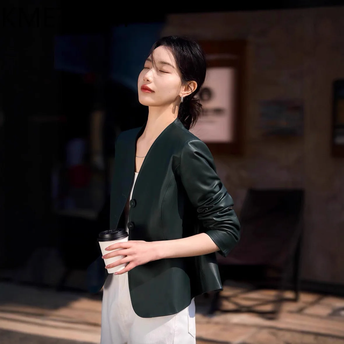 KMETRAM Genuine Sheepskin Leather Jacket Woman V-Neck Short Blazer Peacock Green Real Leather Jackets Fall Woman Clothes 2026 자켓