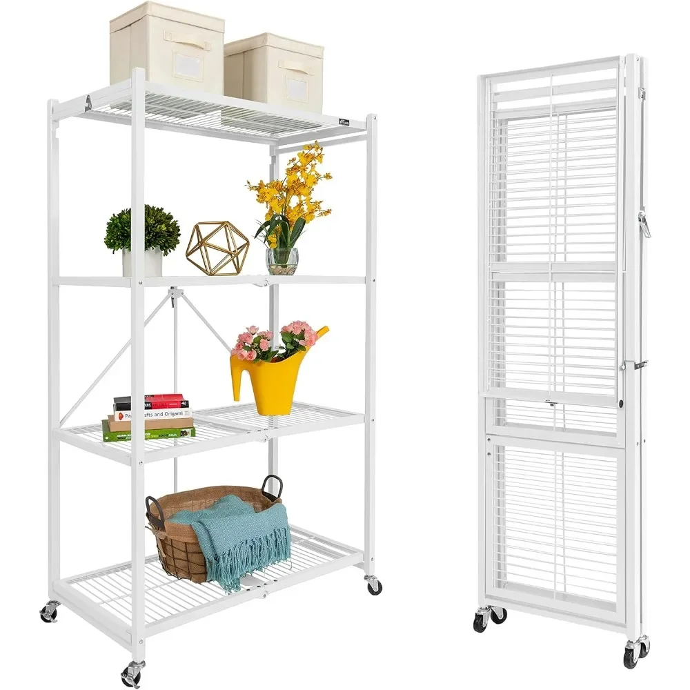 4 Tier Foldable Heavy Duty Metal Garage Storage Shelf Rack with Wheels and Powder Coated Steel for Organization