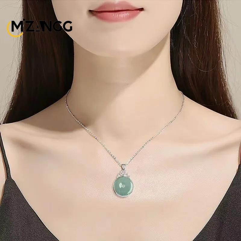 S925 Silver Inlaid Natural A Goods Jade Oil Green Peace Buckle Pendant Ice Kind Women's Jade Necklace Fashion Luxury Jewelry