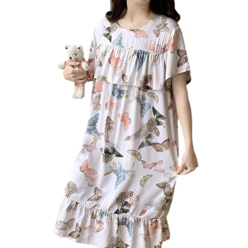 

Round Neck Printed Pajamas for Women Summer Thin Cotton Silk Nightgown Short Sleeve Dress Female Home Wear Skin Friendly Costume