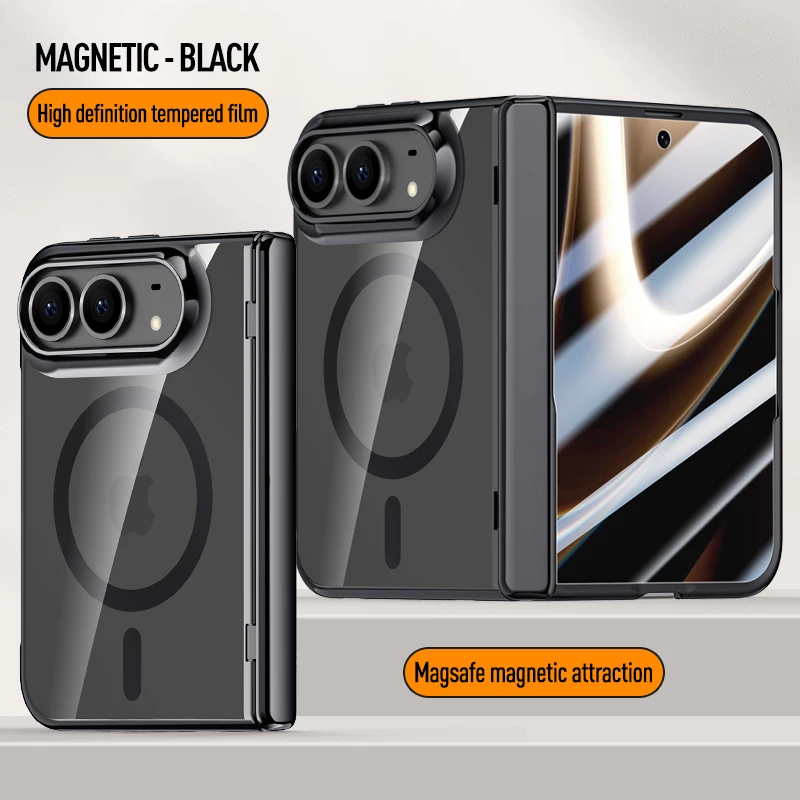 For Magsafe Case For iPhone Ultra Electroplating Transparent Magnetic Wireless Charging Hinge With Tempered Film Shockproof Case