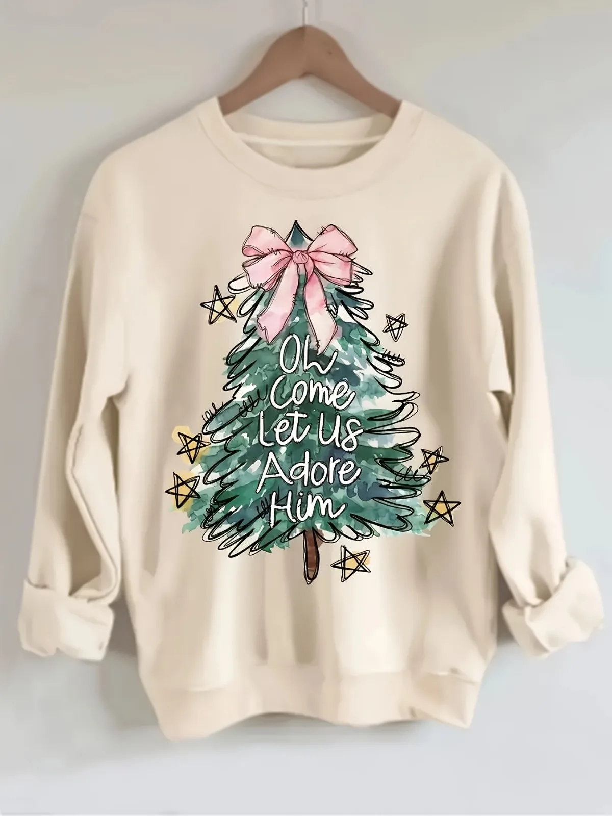 Felpa con cappuccio stampata con motivo albero di Natale alla moda casual da donna, comodo pullover stile street, abbigliamento regalo per le vacanze