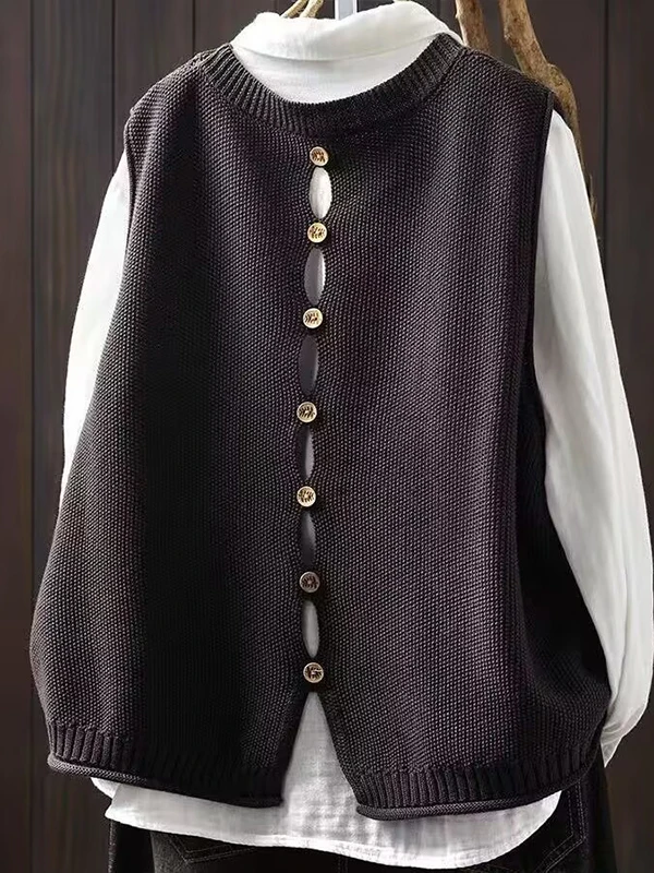 Spring Autumn New Pure Color Knitted Vest Women's Loose Sleeveless Versatile Sweater Outerwear Trendy Shoulder Pad Design