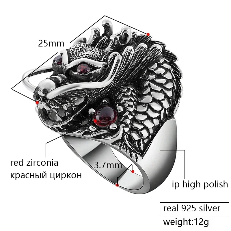 100% 925 Sterling Silver Red Zircon Eye Domineering Dragon Ring For Men Retro Thai Silver Personalized Hip-hop High-End Jewelry