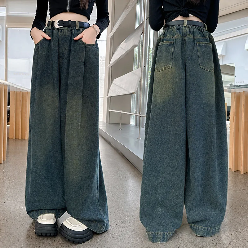 

Children Casual Loose Straight Fit Jeans for Girls Wide Leg Cool Denim Pants Kids Teenager Spring Elastic Waist Jeans Trousers