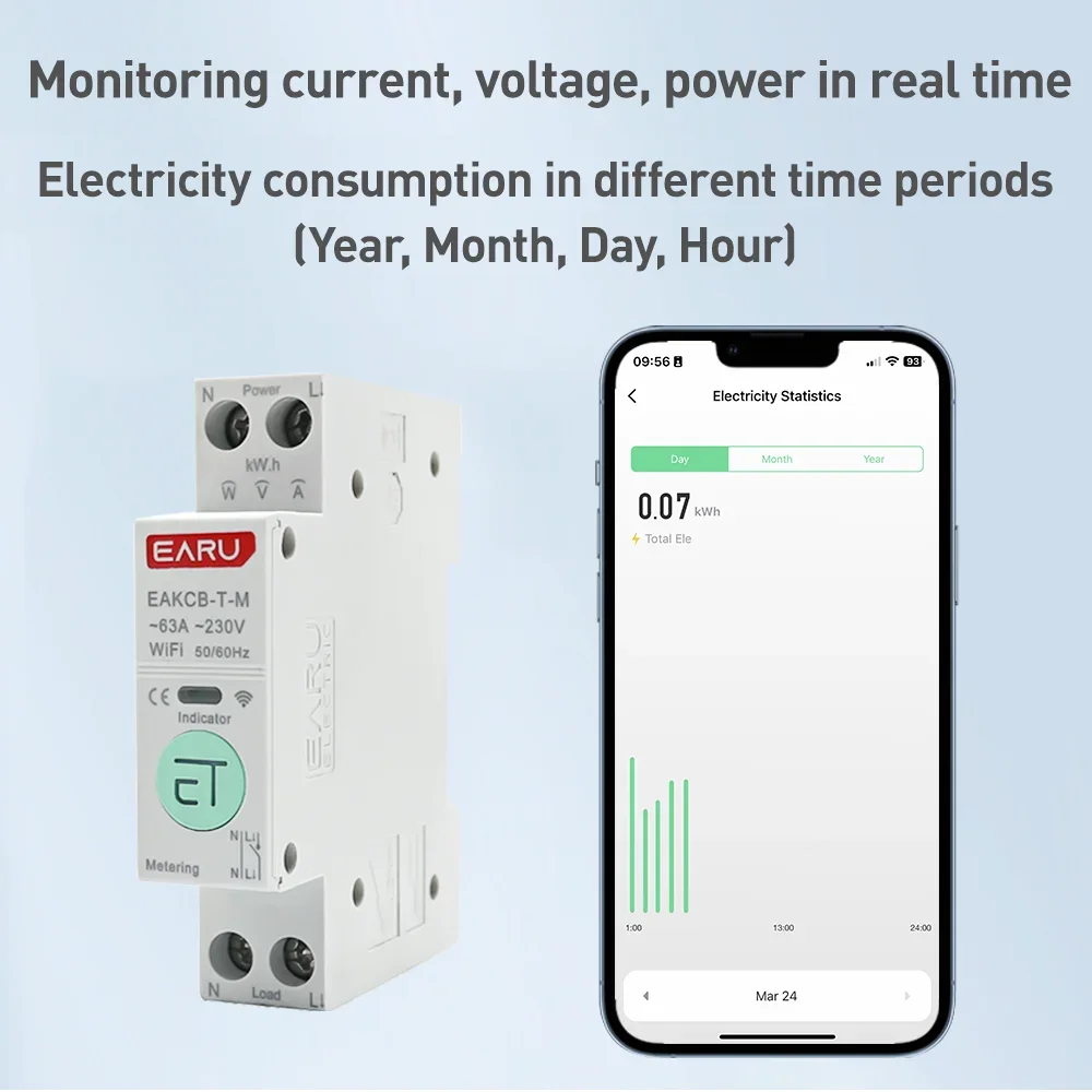 Tuya WiFi Zigbee Smart Circuit Breaker MCB 1P+N 63A Power Energy kWh Voltage Current Meter Protector Voice Remote Control Switch