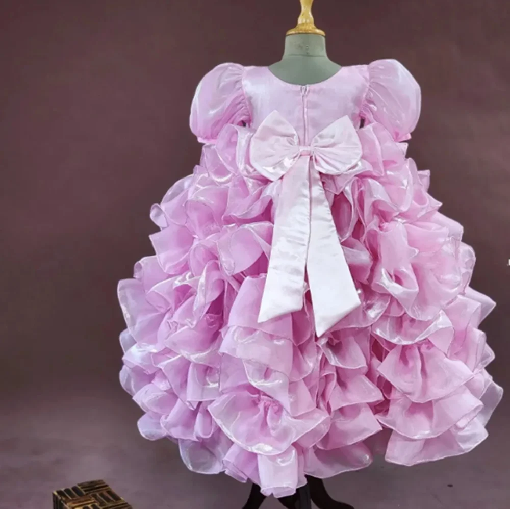 

Purple Flower Girl Dresses For Wedding Tiered With Bow Short Sleeves Kids Birthday Party First Communion Ball Gown