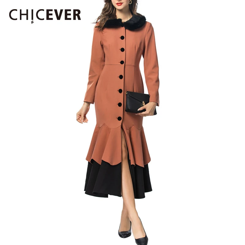 

CHICEVER Formal Jackets Women Fur Lapel Long Sleeve Patchwork Single Breasted Ruffles Hem Design Elegant Trench Coats Female New