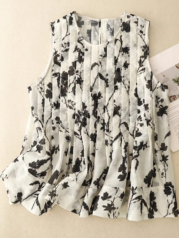 قميص نسائي صيفي جديد 2025 بدون أكمام بياقة دائرية وتصميم فني بالحبر، فضفاض وقصير، يمنح مظهراً نحيفاً، مناسب للارتداء اليومي