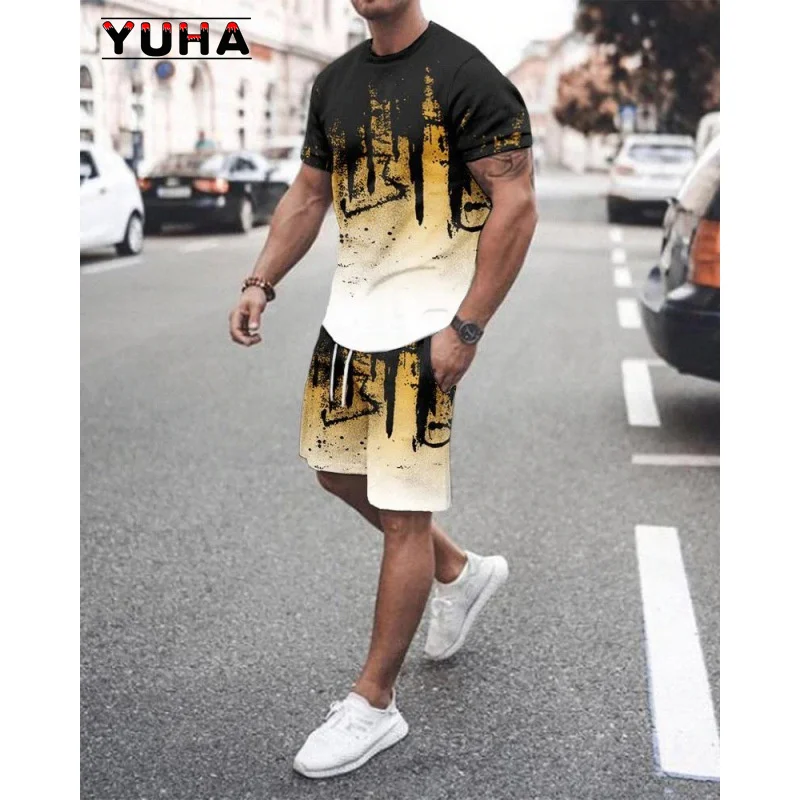 YUHA 2022 Abstract Painted 3D Digital Printing Short-sleeved Shorts Two-piece Foreign Trade T-shirt Suit Men And Women Casual Tr