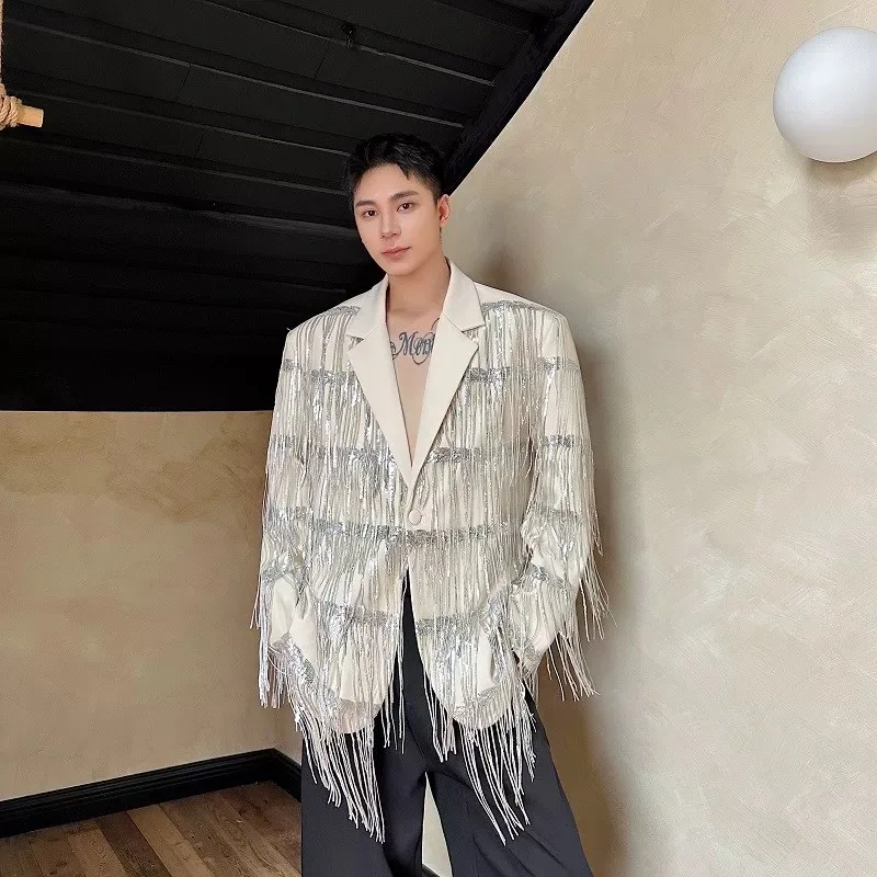 

Men Senior Elegant Tassel Blazer Coat Party Dinner Banquet Date Dance Night Club Jackets Chic Ins Trendy Tops Sexi Chaming Suits