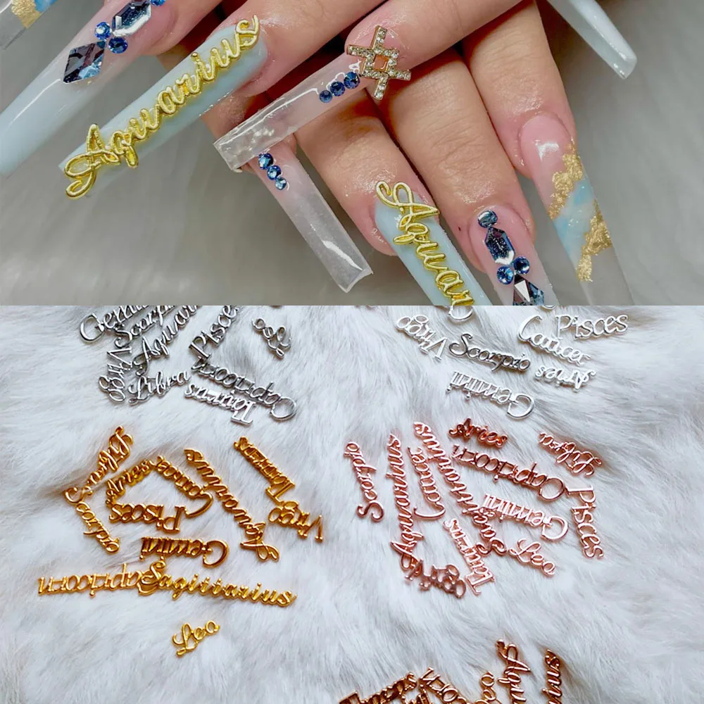 12pcs/Set Zodiac Nail Art Charms 3D Alloy Gold/Silver/Rose Gold/Copper Metal Constellation Rhinestone Press On Tips Decorations