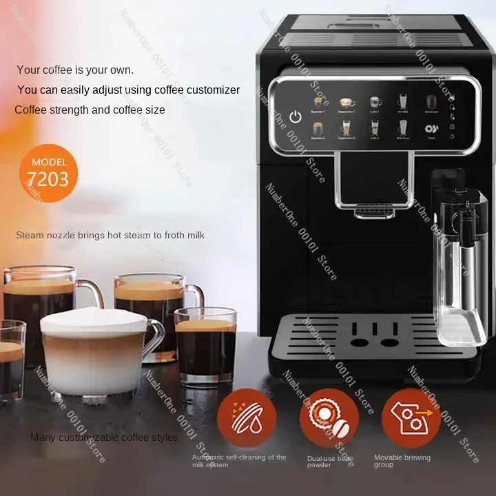 Household automatic smart touch screen grinding integrated steam milk foam latte flower coffee machine with milk can