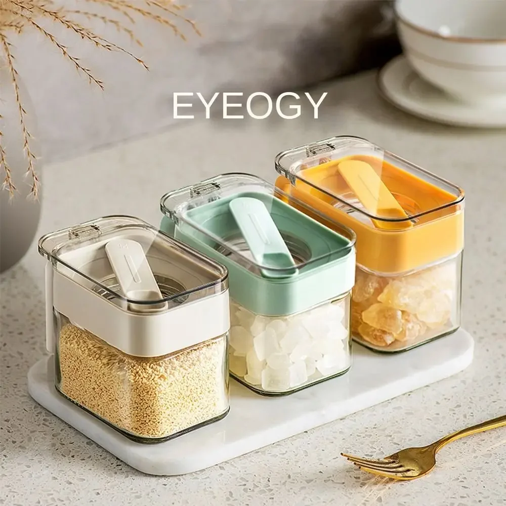 Glass Seasoning Box With Spoon Dustproof Lid Clear Countertop Spice Condiment Salt Sugar Storage Jar Container Kitchen Supplies