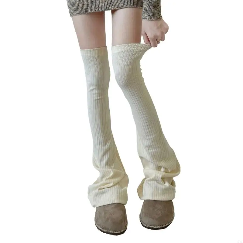 L5YC 여성용 무릎 플레어 레그 워머 골지 니트 허벅지 높은 긴 양말