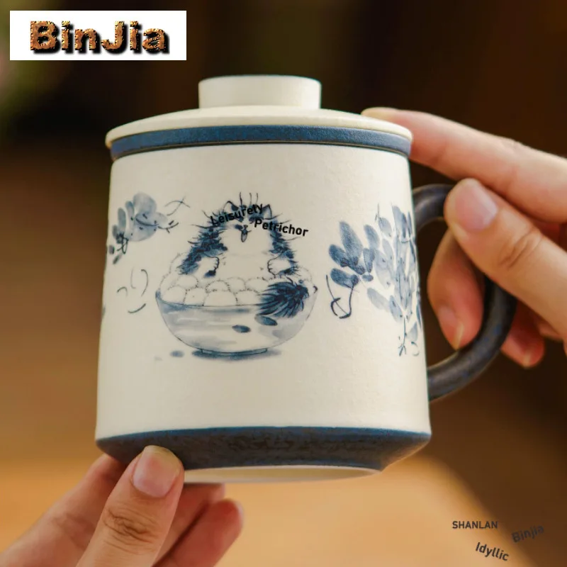 

433 мл ручная роспись кошачий фильтр, чашка-сепаратор для чая, кружка для чая дзен с заварочным устройством, бытовая чайница, офисная чашка для воды, чайные услуги, ремесло