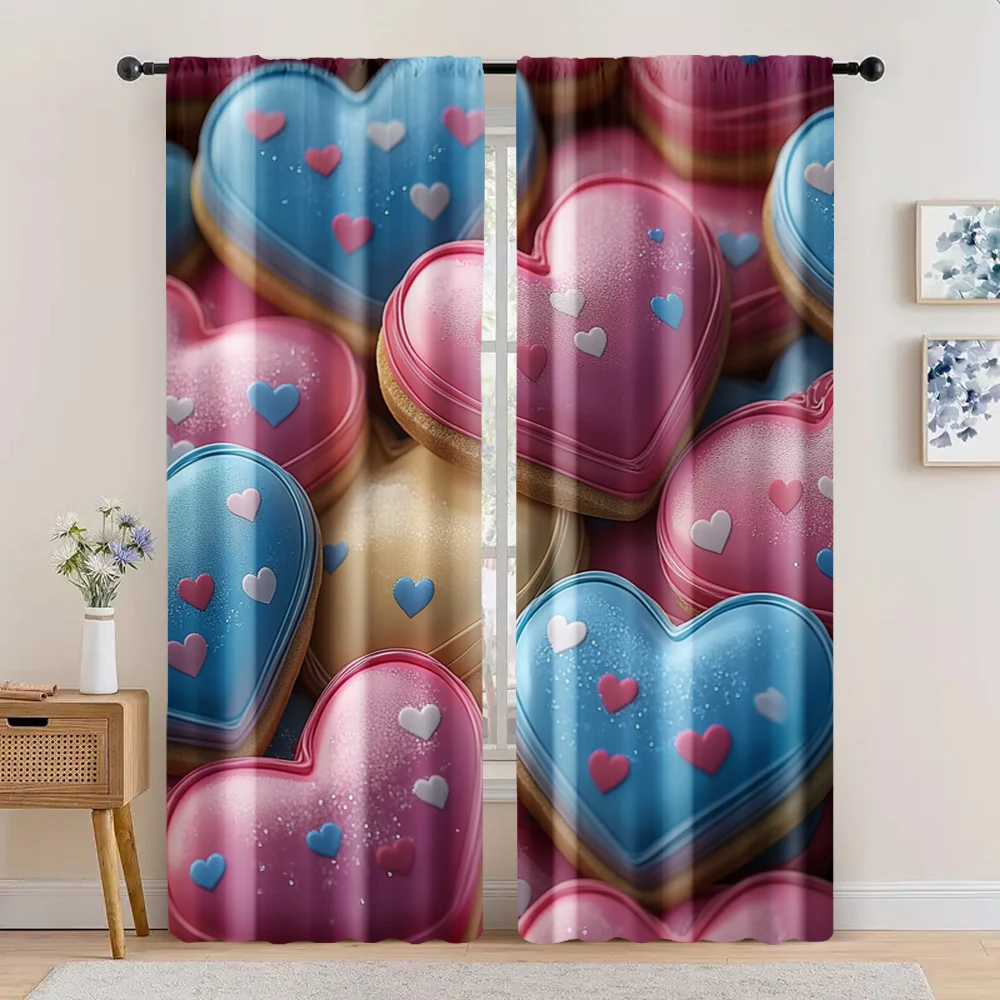 2pc,  Romantic Valentine's Day Window Curtains Hearts Light Filter Party Decorations Suitable for Seasonal Decorations