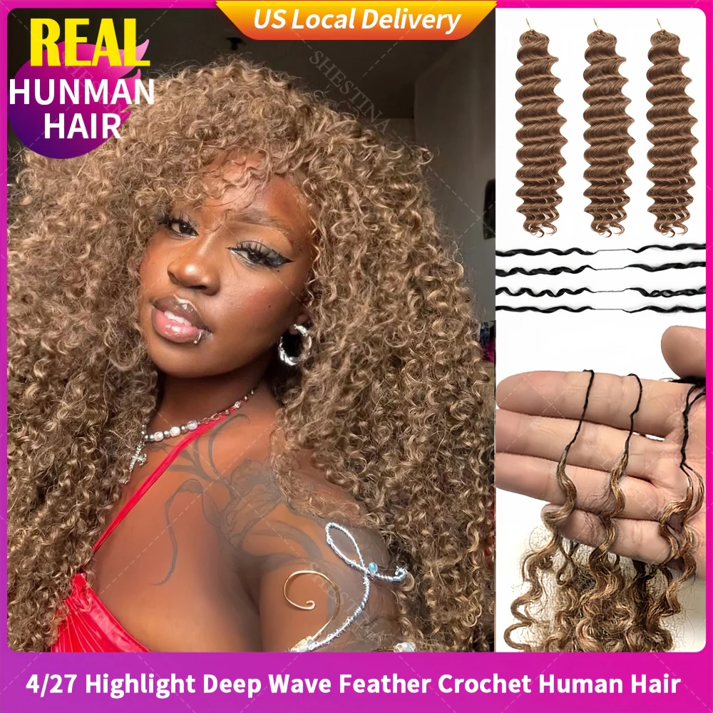 

12A Blonde Highlight Deep Wave Crochet Bundles Human Hair Reusable Pre-Separated Water Wave Feather-Line Crochet Hair Extensions