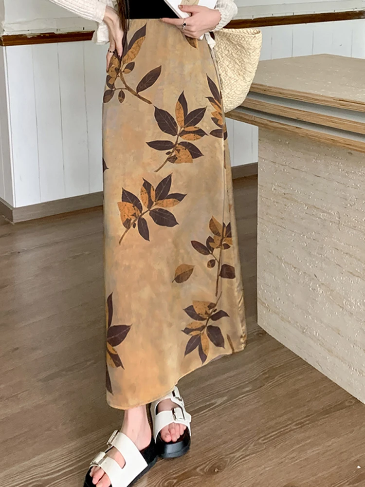 Элегантная атласная длинная юбка с принтом в стиле ретро для женщин приталенная юбка с высокой талией стройнящая средней длины Вертикальная Юбка Лето Новинка Высокое качество