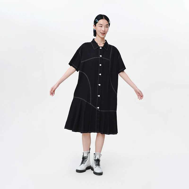 MOVEUP Oversize Short Sleeves Dress 2026 Summer New Contrasting Button Pocket Drop Sleeves Casual A-Line Dress Women 125221338