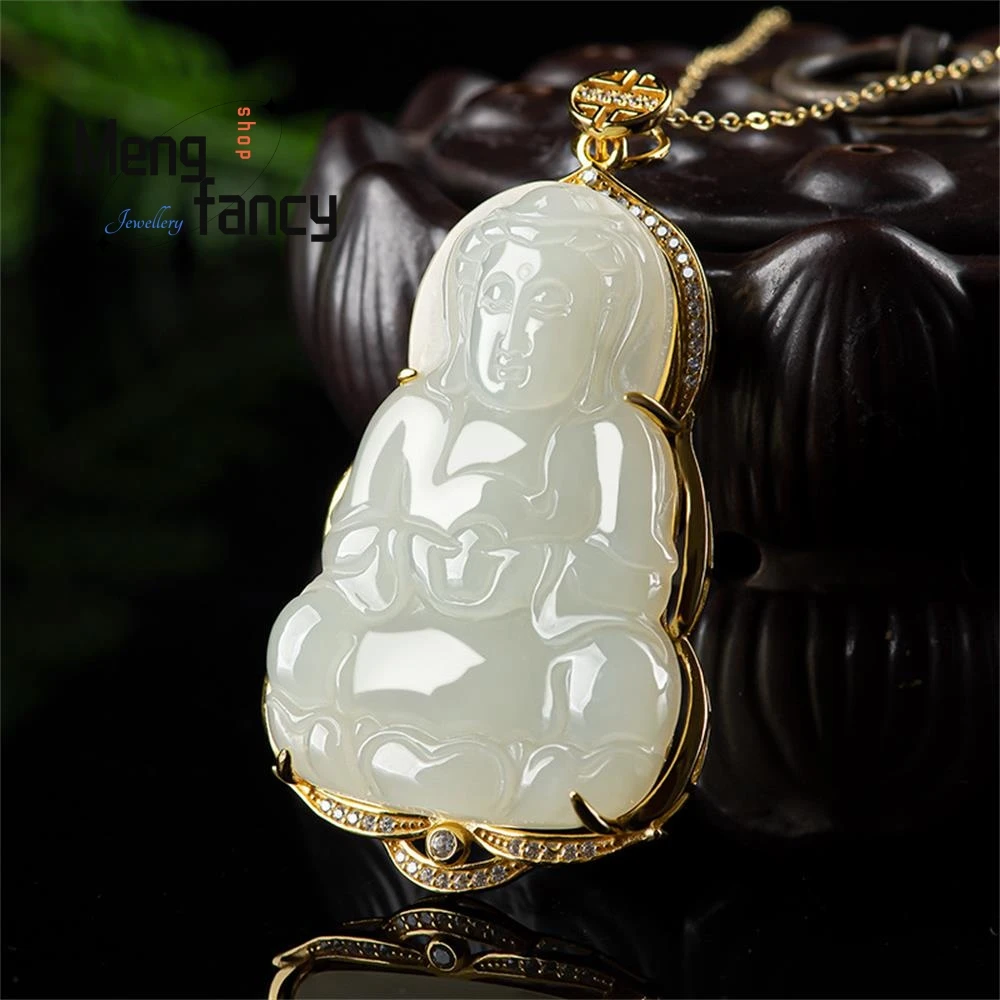 Colgante de Jade Guanyin de plata S925 con incrustaciones de Material antiguo Natural, joyería de moda de alta calidad de lujo exquisita