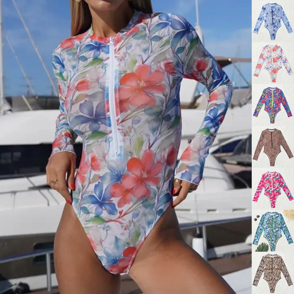 女性用日焼け止め水着ジャンプスーツ、ジッパー付き、高伸縮性、水泳、ビーチ、カジュアルウェアに最適