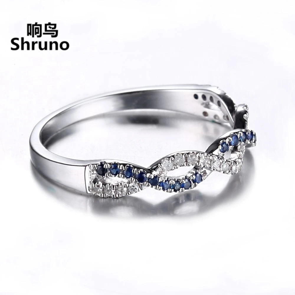 Shruno Solid 14K AU585 White Gold Real Natural Diamond Engagement Ring For Women Sapphires Twisted Wedding Gemstone Jewelry