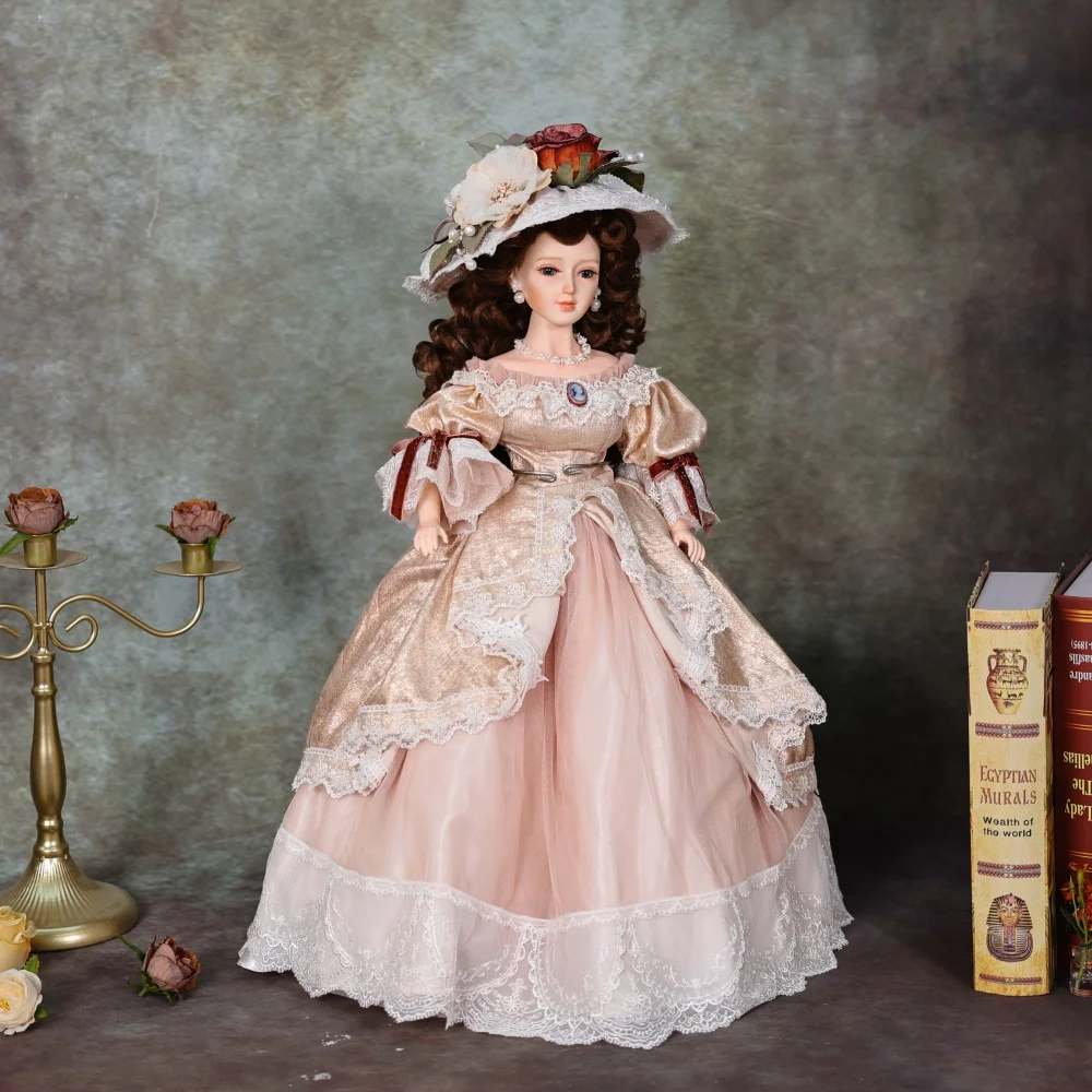 Cloveray Oryginalna 22-calowa Realistyczna Lalka Porcelanowa Victoria Retro Lalka Ceramiczne Ruchome Elementy Ciała Materiałowy Korpus Wysokiej Jakości Kolekcjonerski Prezent Artystyczny