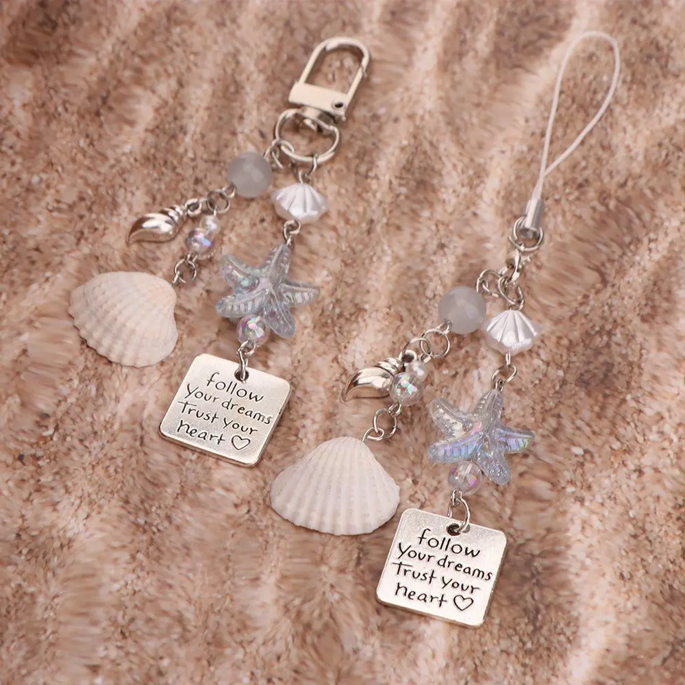Acrylic Bead Charm Keychain Starfish Pearl Phone Lanyard Originality Blue Conch Inspirational Quote Backpack Pendant Daily